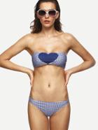 Romwe Blue Heart Print Checkerboard Bandeau Bikini Set
