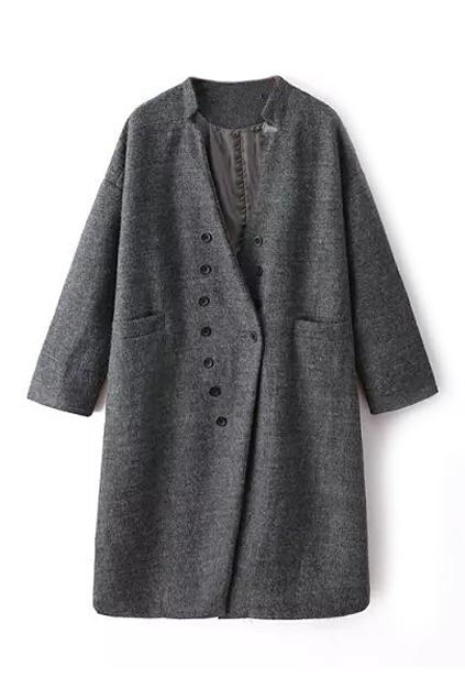 Romwe Double-breasted And Pocketed Slim Grey Coat