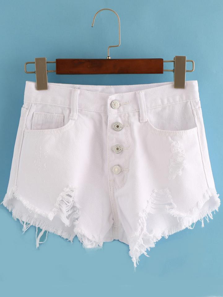 Romwe Single-breasted Ripped Fringe Denim White Shorts