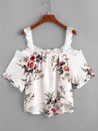 Romwe Lace Trim Cold Shoulder Dip Hem Top