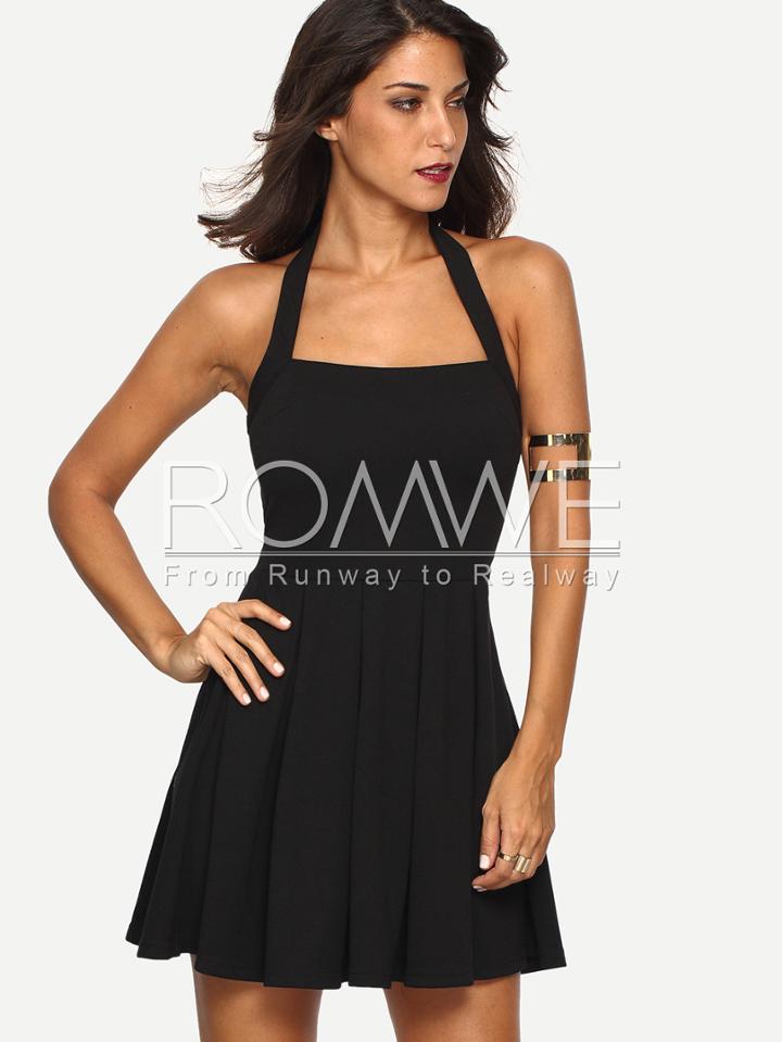 Romwe Black Halter Backless Pleated Dress