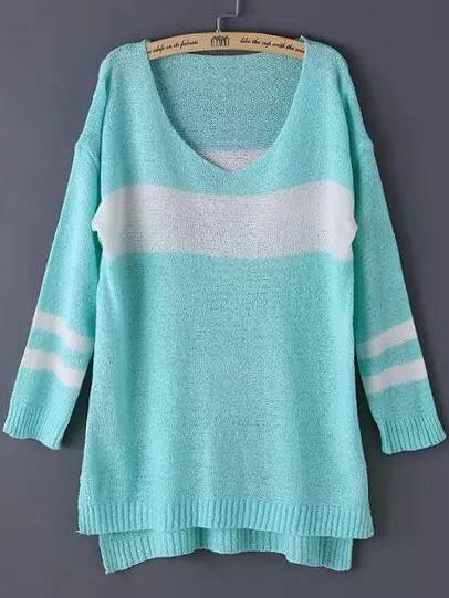 Romwe V Neck Dip Hem Striped Blue Sweater