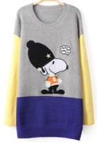 Romwe Snoopy Print Embroidered Grey Sweater