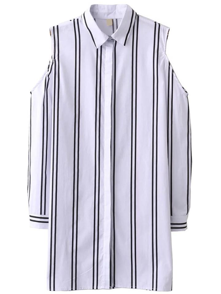 Romwe White Vertical Striped Open Shoulder Shirt Dress
