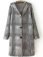 Romwe Hooded Houndstooth Black Coat With Pom Pom