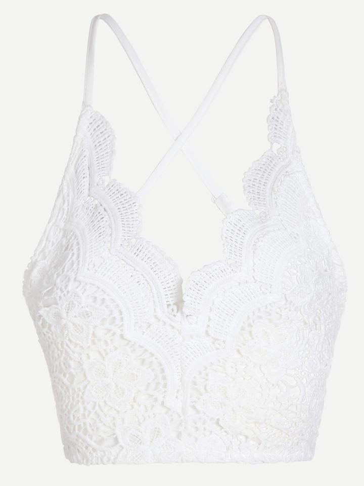Romwe Criss Cross Back Scalloped Hem Lace Cami Top