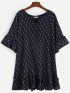 Romwe Navy Embroidery Ruffle Sleeve Lace Up Dress