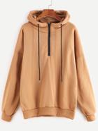 Romwe Khaki Dropped Shoulder Seam Zip Detail Drawstring Hoodie