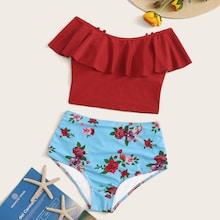 Romwe Ruffle Trim Top With High Waist Bikini Set