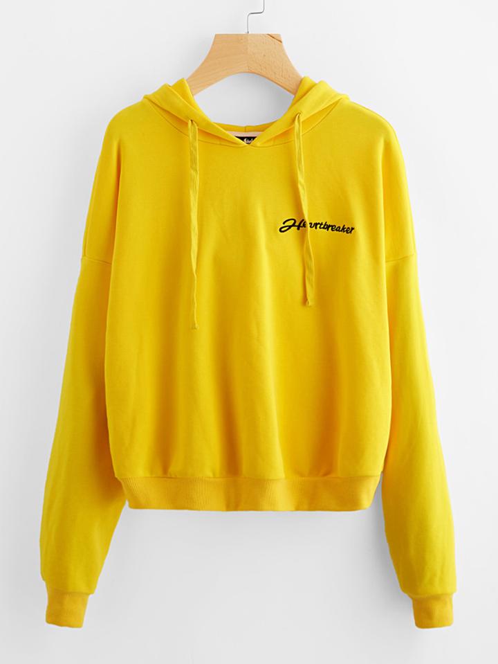 Romwe Drop Shoulder Embroidered Hoodie