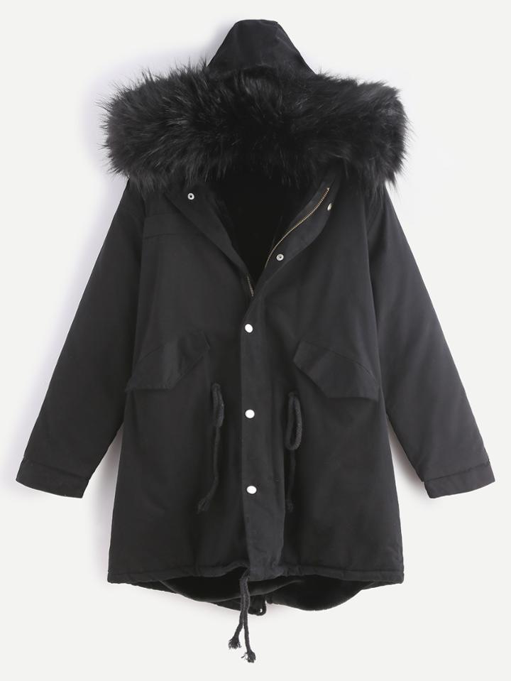 Romwe Black Drawstring Hooded Fleece Lined Faux Fur Trim Parka