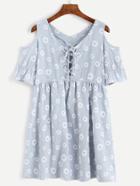 Romwe Blue Daisy Print Cold Shoulder Lace Up Dress