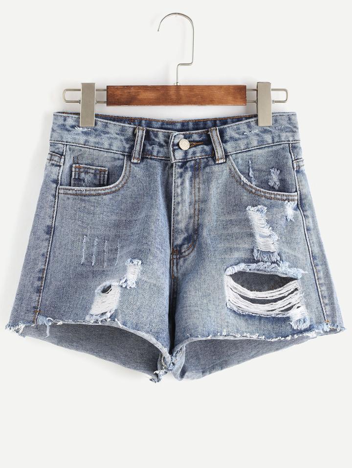 Romwe Blue Ripped Bleached Raw Hem Denim Shorts