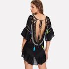 Romwe Feather Drop Crochet Low Back Cover Up Dress