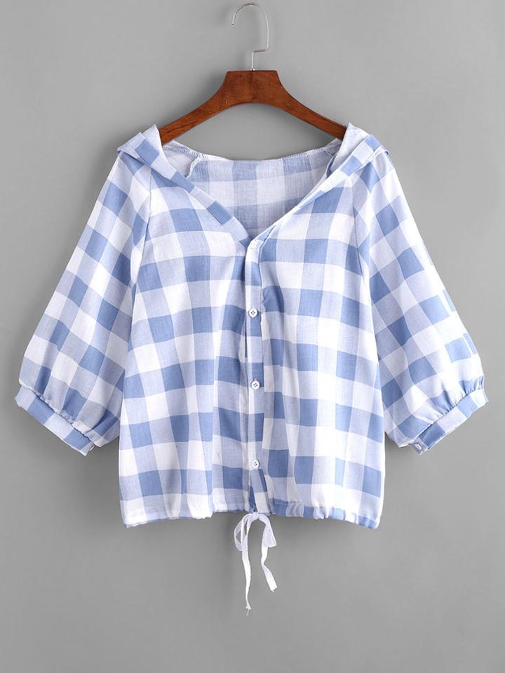 Romwe Hooded Gingham Lace-up Hem Blouse