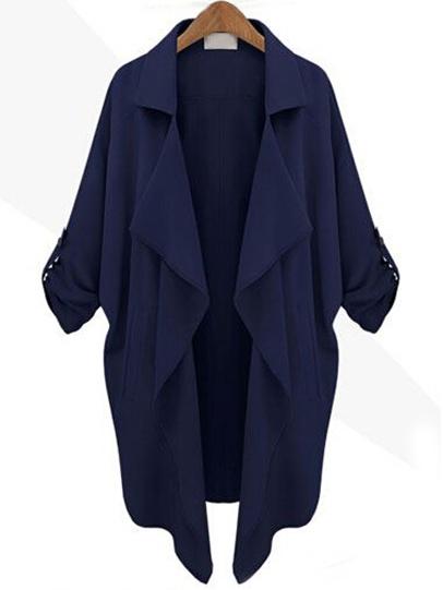 Romwe Navy Roll Tab Sleeve Waterfall Collar Duster Coat