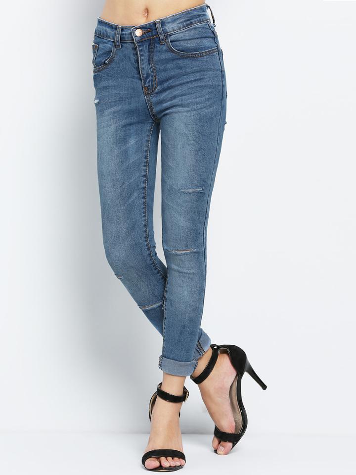 Romwe Cutout Denim Slim Pant