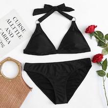 Romwe Plus Metal Ring Link Halter Bikini Set