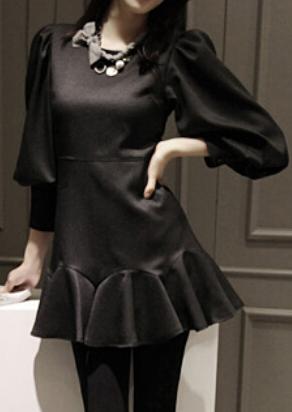 Romwe Puff Sleeve Ruffle Slim Black Dress