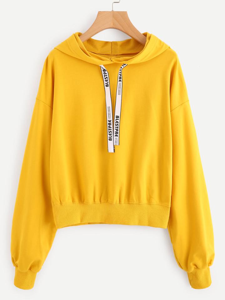 Romwe Drop Shoulder Letter Print Drawstring Strap Hoodie