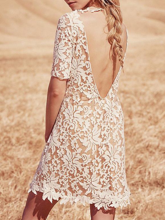 Romwe White Short Sleeve Floral Crochet Backless Dress