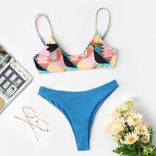 Romwe Cami Random Pattern Top With Match Bikini Set