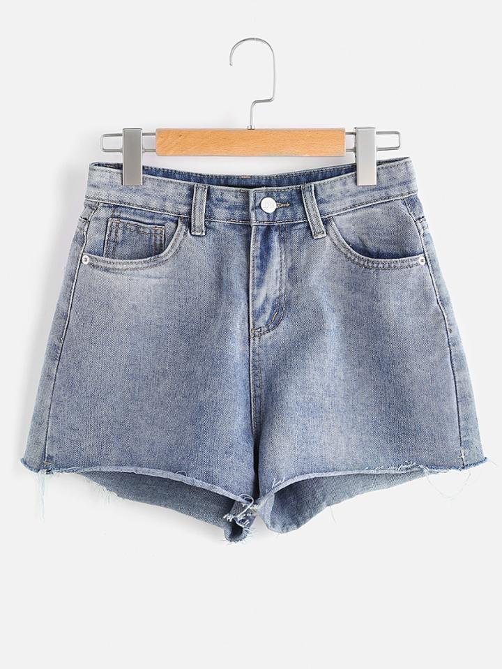 Romwe Embroidery Raw Hem Denim Shorts