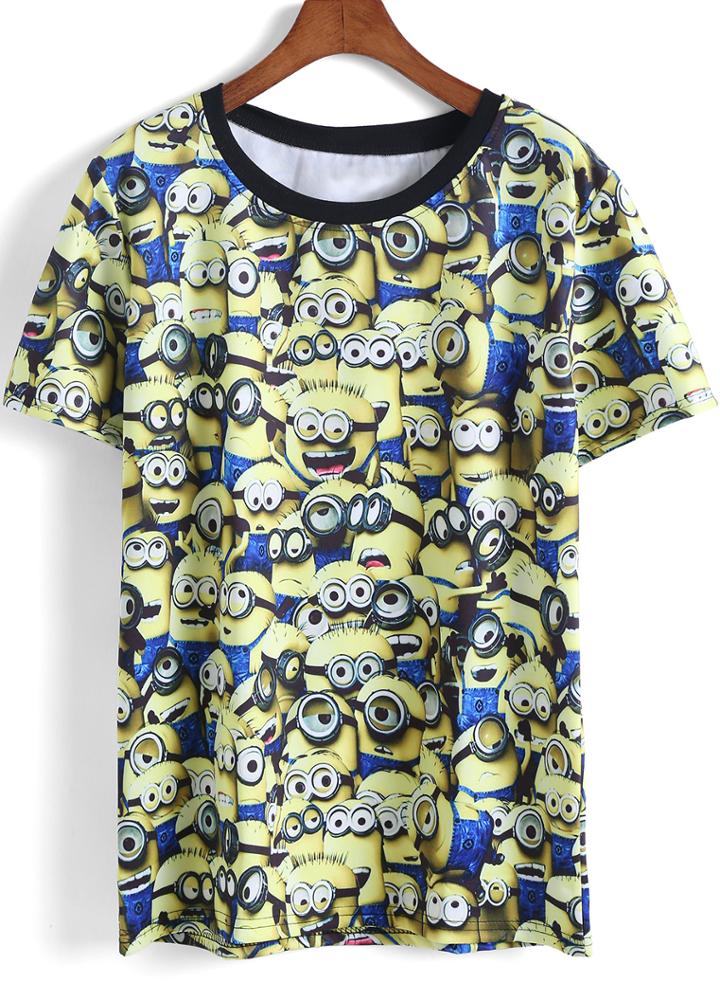 Romwe Yellow Short Sleeve Minions Print T-shirt