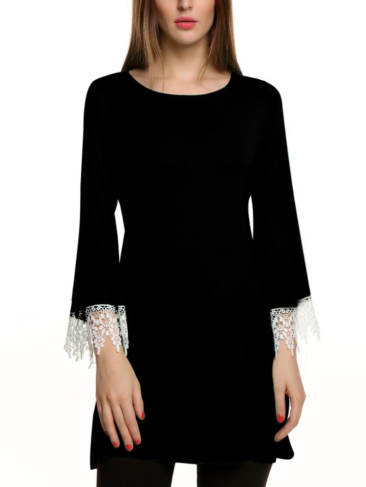 Romwe Bell Sleeve Contrast Lace A-line Black Dress
