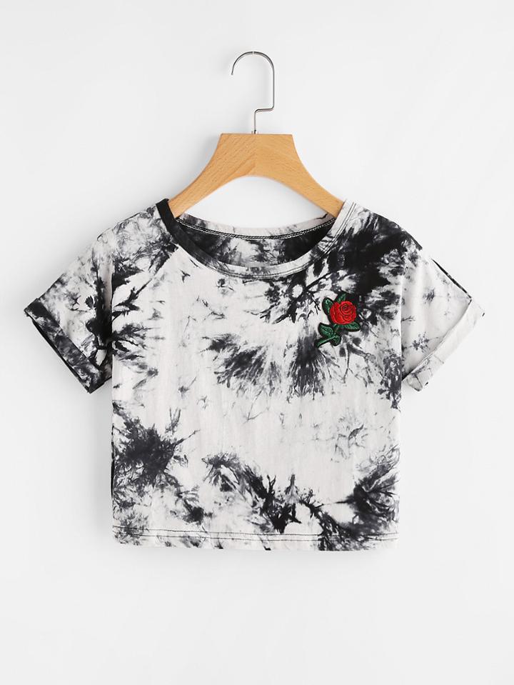 Romwe Rose Patch Water Color Tee