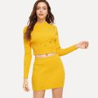Romwe Rip Detail Solid Knit Top & Skirt Set