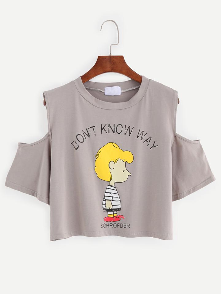 Romwe Grey Cold Shoulder Cartoon Print Crop T-shirt