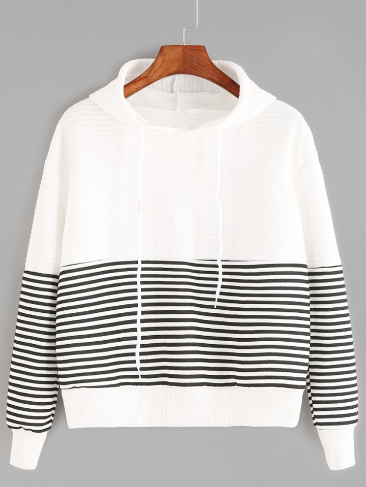 Romwe Contrast Striped Drawstring Hooded Sweatshirt