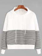 Romwe Contrast Striped Drawstring Hooded Sweatshirt