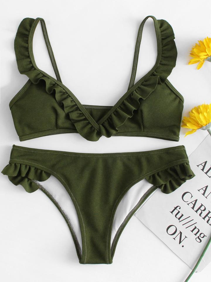 Romwe Ruffle Hem Ribbed Bikini Set