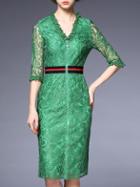 Romwe Green V Neck Elastic-waist Zipper Lace Dress
