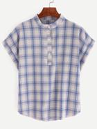 Romwe Band Collar Buttoned Front Blue Plaid Blouse