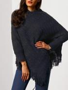 Romwe Tassel Long Sleeve Cape Sweater