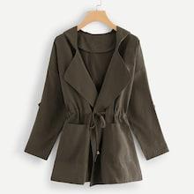 Romwe Solid Drawstring Waist Hooded Coat