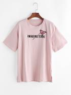 Romwe Letter And Rose Print Split Side T-shirt