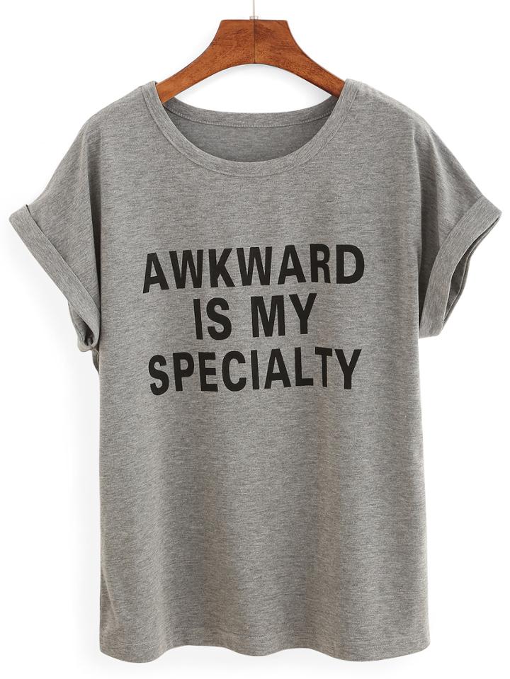 Romwe Grey Letters Print Cuffed T-shirt