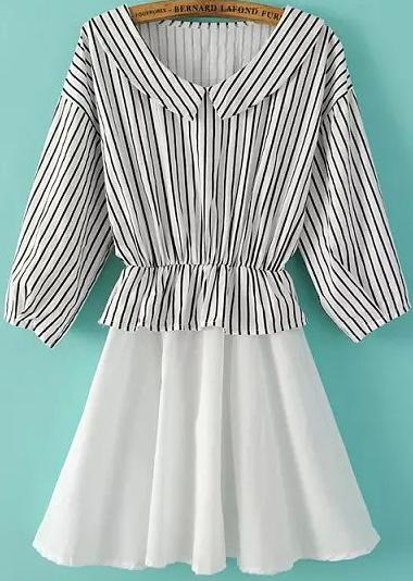 Romwe Doll Neck Vertical Striped Pleated Dress