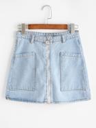 Romwe Dual Pockets Zip Front A Line Denim Skirt