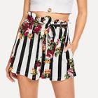 Romwe Stripe & Flower Print Belted Shorts