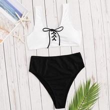 Romwe Two Tone Lace-up Top With High Waist Bikini