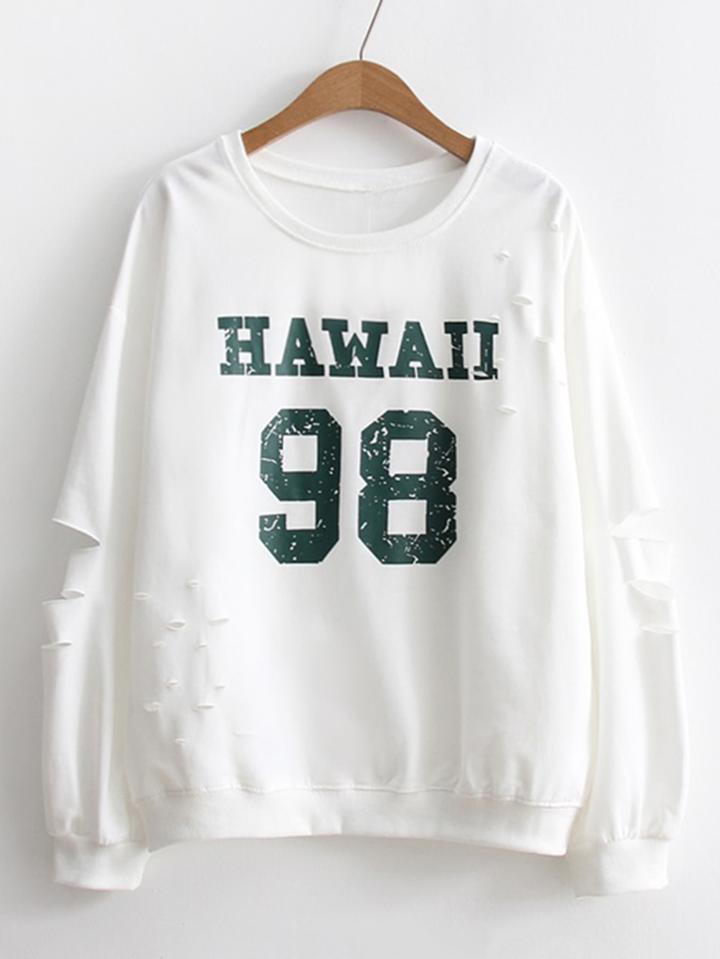 Romwe Slogan Print Ripped Sweatshirt