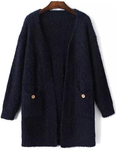 Romwe Open Front Pockets Navy Cardigan
