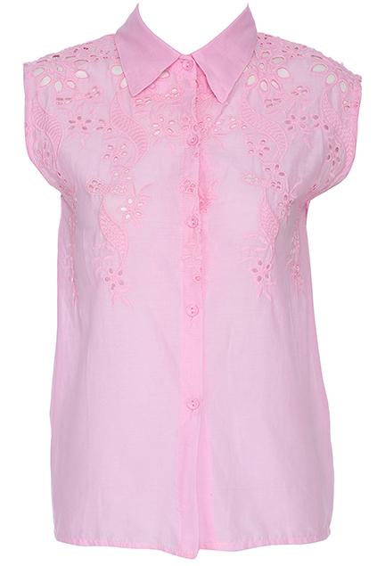 Romwe Floral Hollow-out Pink Sleeveless Shirt