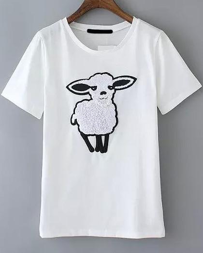 Romwe With Pearl Sheep Embroidered White T-shirt