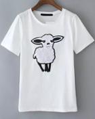 Romwe With Pearl Sheep Embroidered White T-shirt